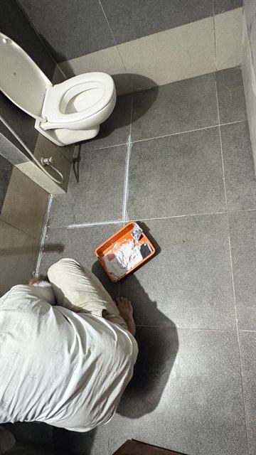 Dark Tile Bathroom Floor Epoxy Grout Injection